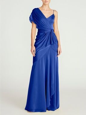 NWT Theia Jana Asymmetric Draped Evening Gown Maxi Dress in Oxford Blue Size 8